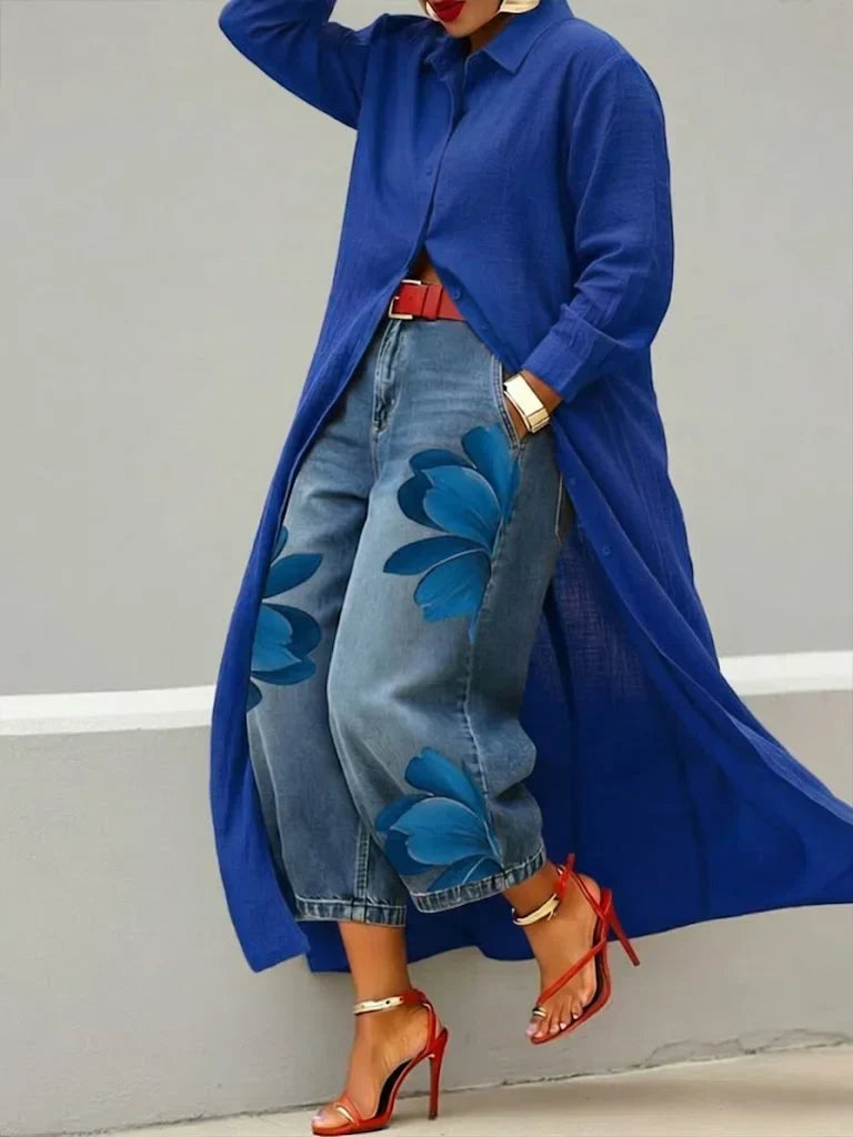 Mallory | Lässiges Zweiteiler-Set mit Blumen-Jeans