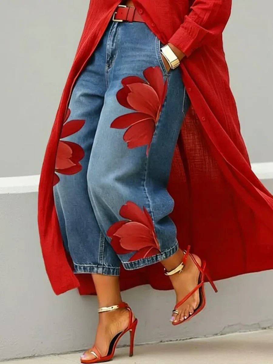 Mallory | Lässiges Zweiteiler-Set mit Blumen-Jeans