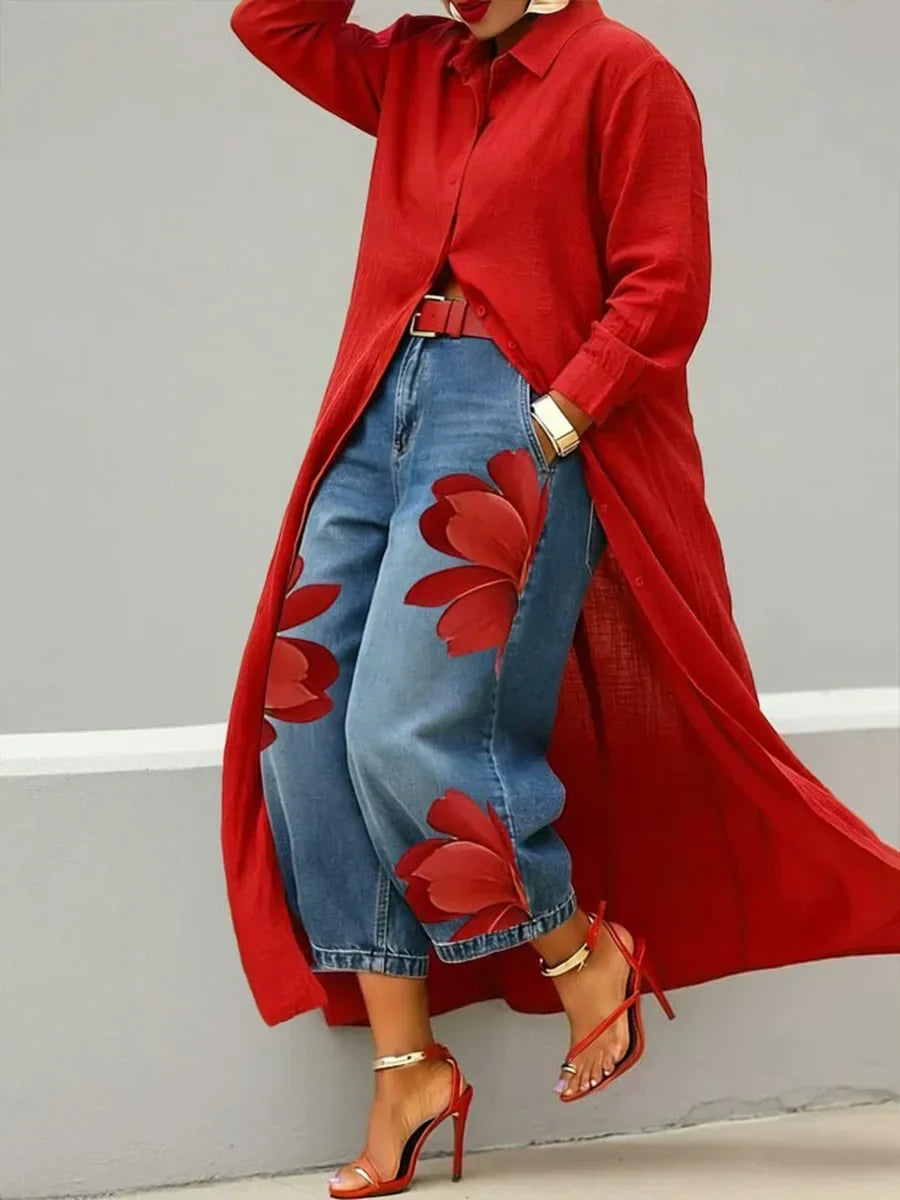 Mallory | Lässiges Zweiteiler-Set mit Blumen-Jeans