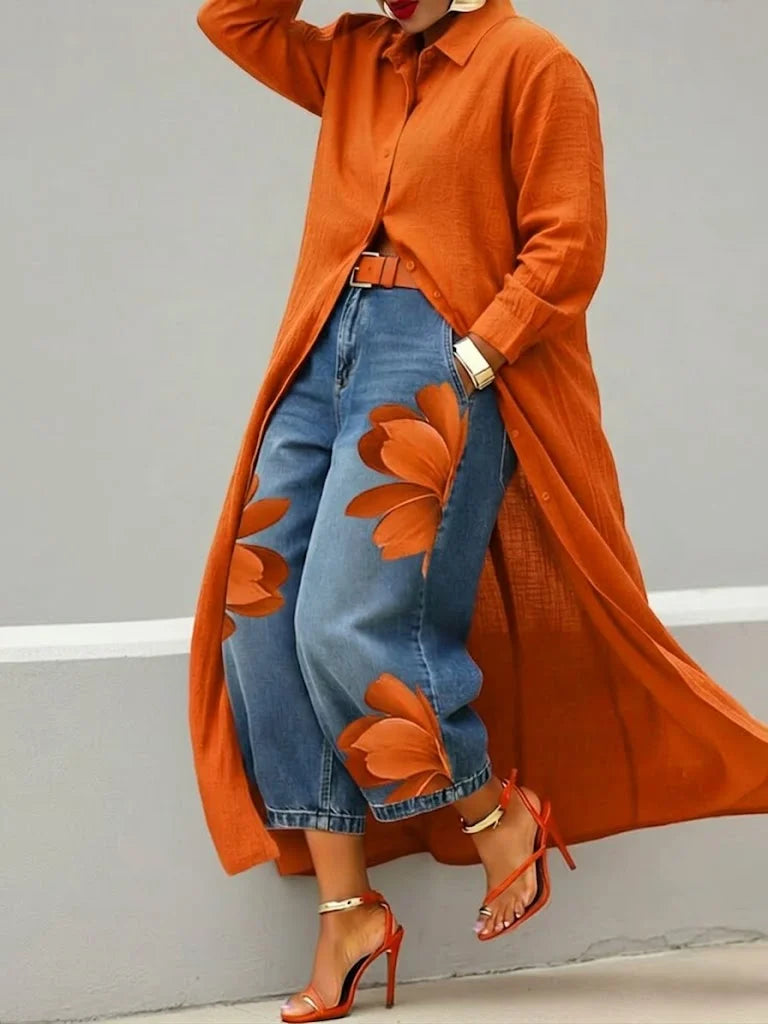 Mallory | Lässiges Zweiteiler-Set mit Blumen-Jeans