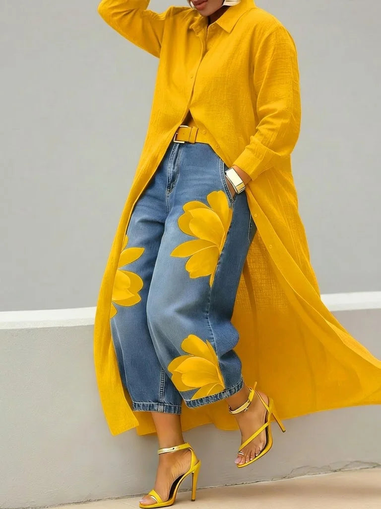 Mallory | Lässiges Zweiteiler-Set mit Blumen-Jeans