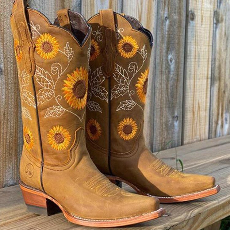 Heidi | Bestickte Cowboystiefel mit Sonnenblumen-Motiv