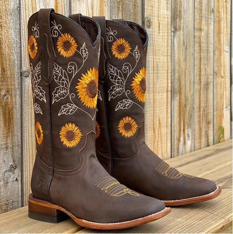 Heidi | Bestickte Cowboystiefel mit Sonnenblumen-Motiv