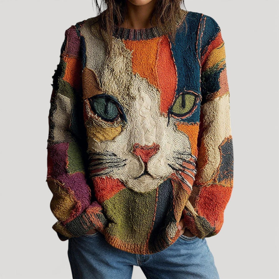 Edith | Bunter Strickpullover mit Katzen-Motiv