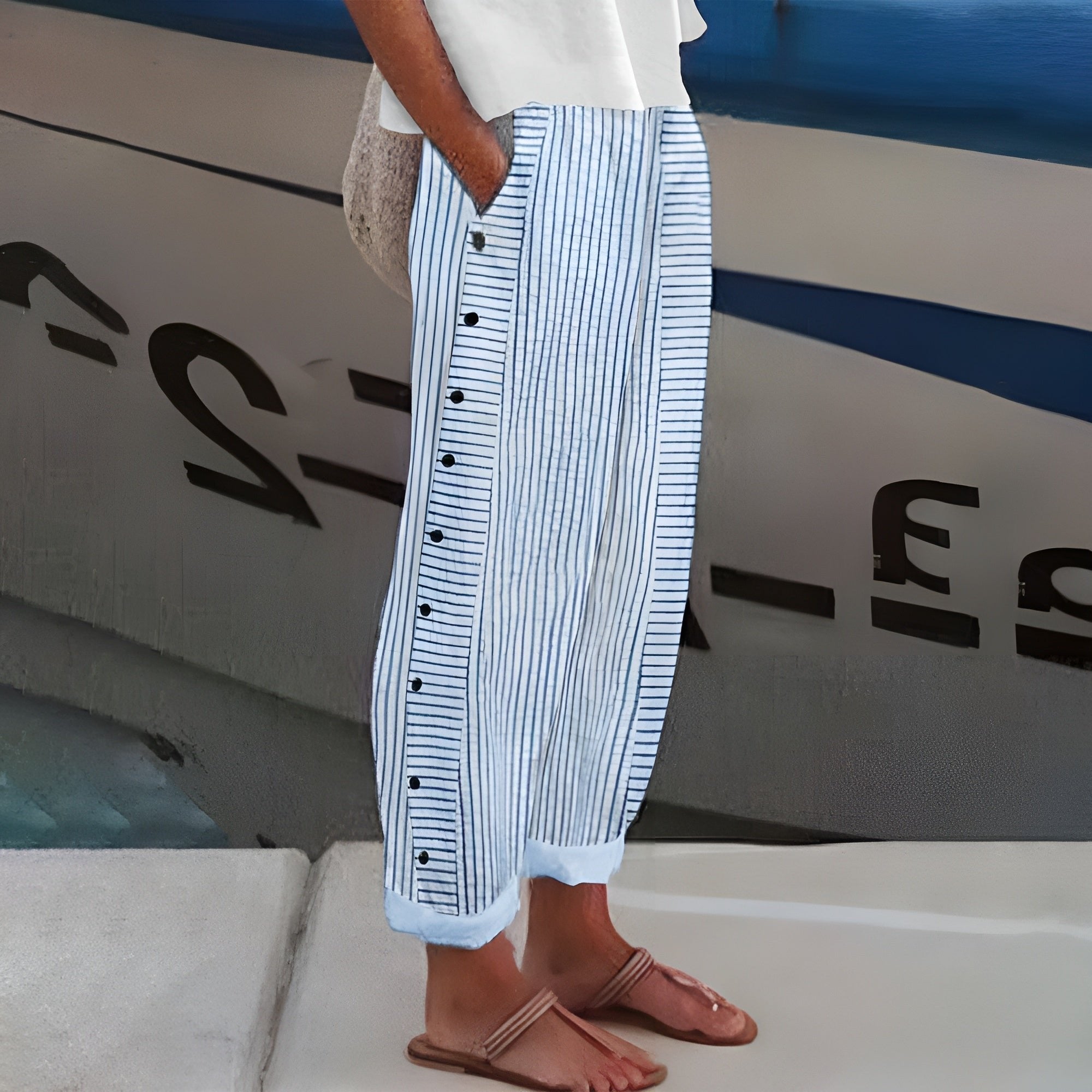Henriette | Gestreifte Leinen Relaxed-Fit Hose mit Seitentaschen