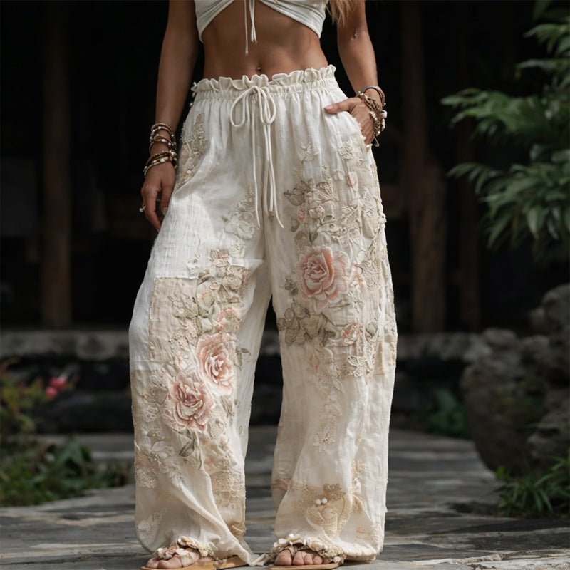 Marlene | Feminine Weite Hose mit Blumenstickerei