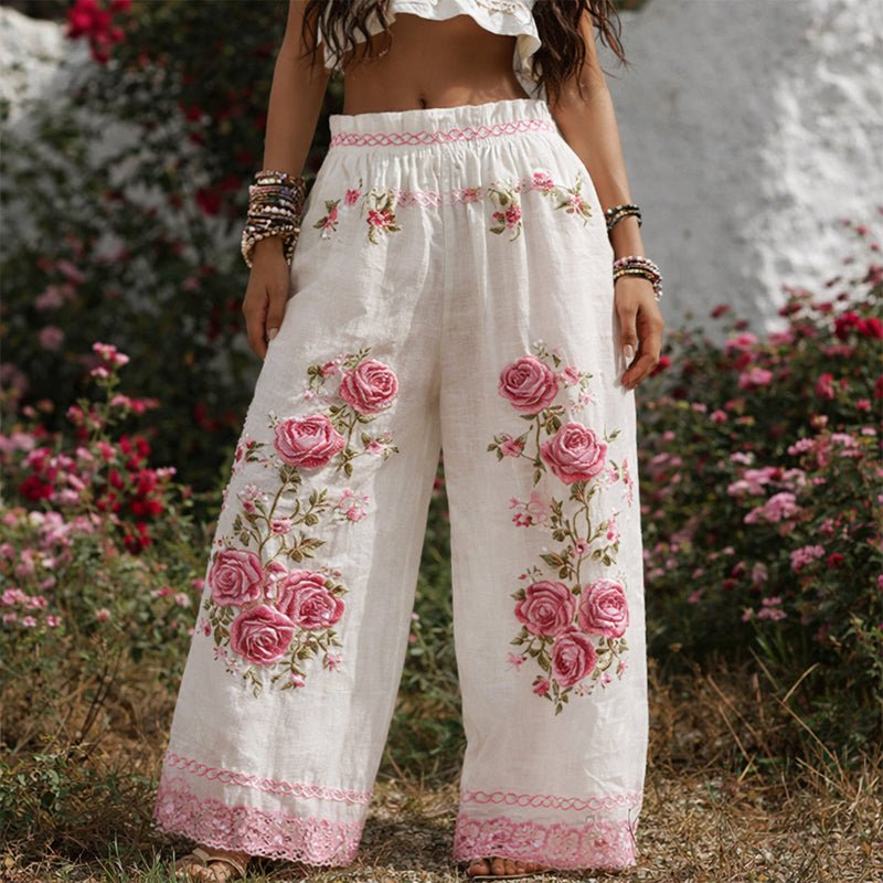 Marlene | Feminine Weite Hose mit Blumenstickerei