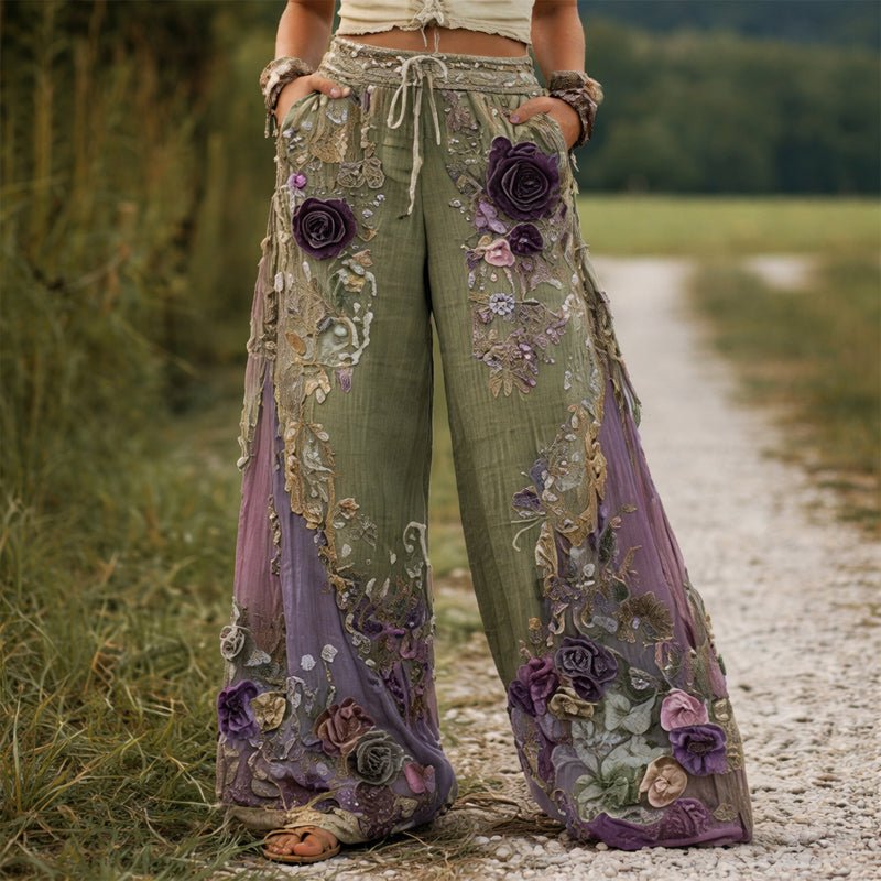 Marlene | Feminine Weite Hose mit Blumenstickerei