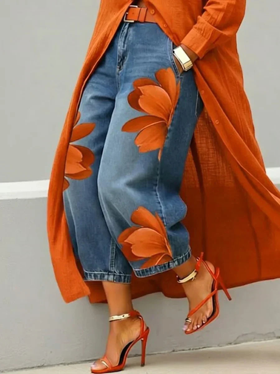 Mallory | Lässiges Zweiteiler-Set mit Blumen-Jeans